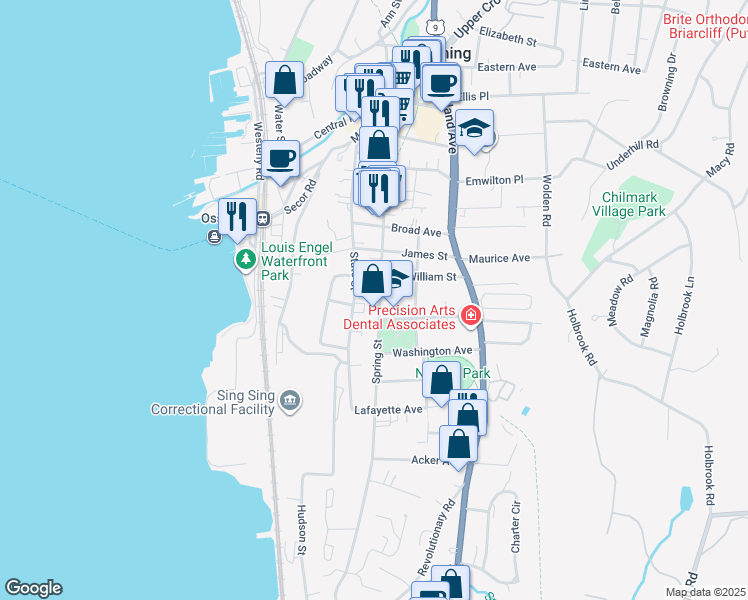 map of restaurants, bars, coffee shops, grocery stores, and more near 188 Spring Street in Ossining