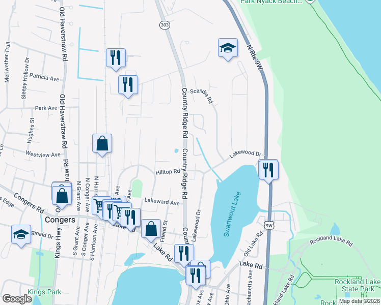 map of restaurants, bars, coffee shops, grocery stores, and more near 124 North Route 303 in Congers