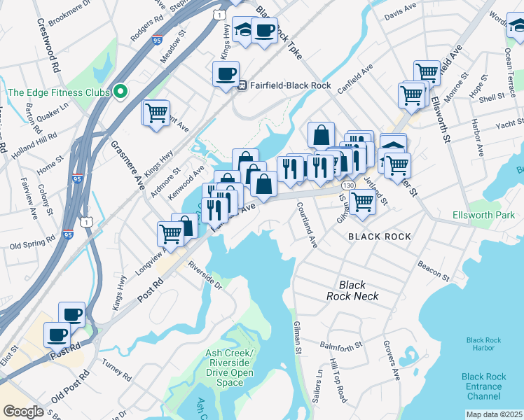 map of restaurants, bars, coffee shops, grocery stores, and more near 3255 Fairfield Avenue in Bridgeport