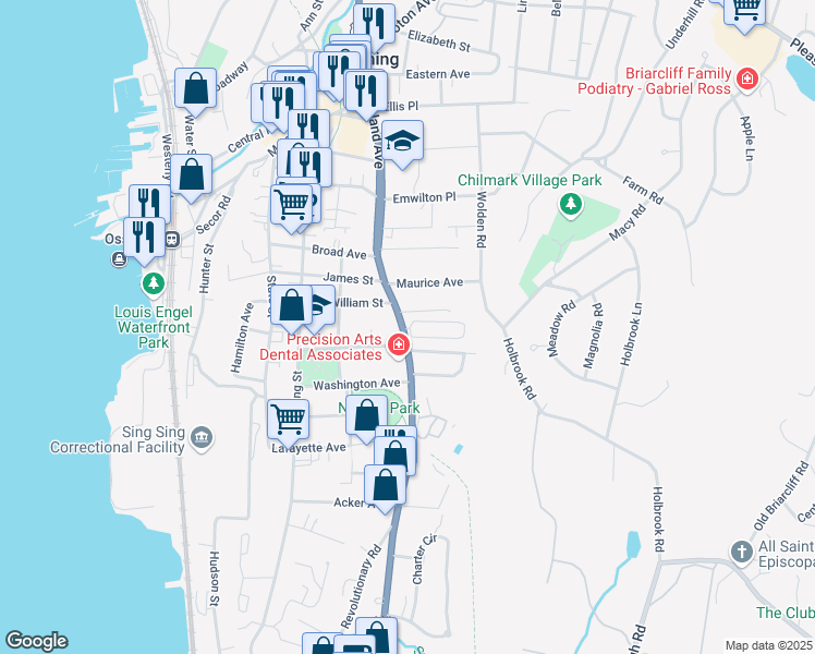 map of restaurants, bars, coffee shops, grocery stores, and more near 1 Gilbert Park in Ossining