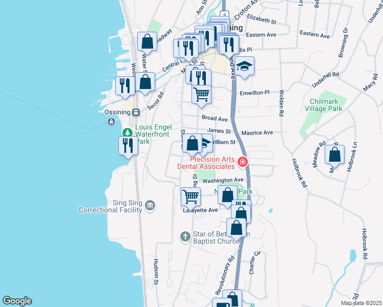 map of restaurants, bars, coffee shops, grocery stores, and more near 172 Spring Street in Ossining