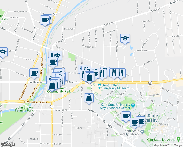 map of restaurants, bars, coffee shops, grocery stores, and more near 204 North Lincoln Street in Kent