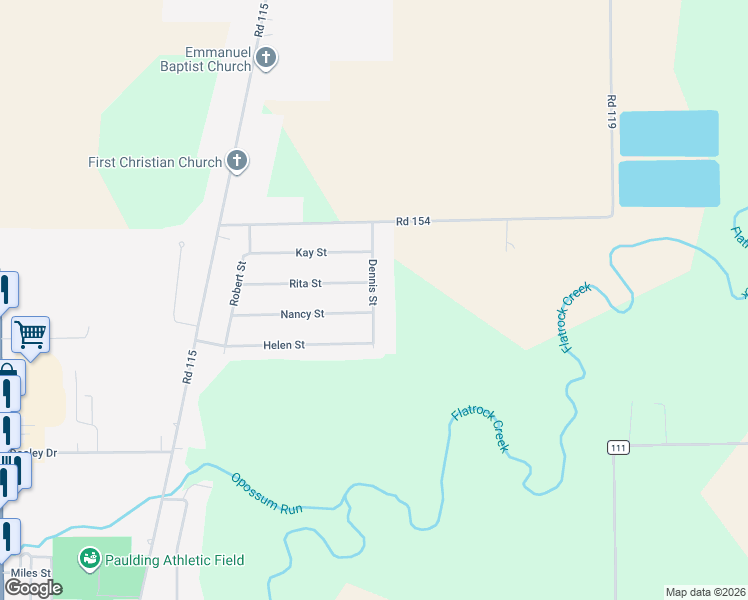 map of restaurants, bars, coffee shops, grocery stores, and more near 12280 Dennis Street in Paulding