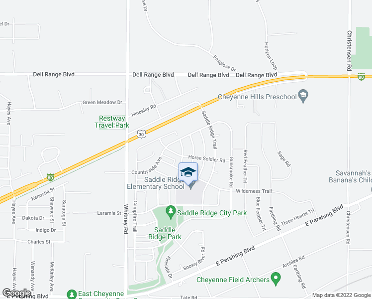 map of restaurants, bars, coffee shops, grocery stores, and more near 3913 Medicine Man Trail in Cheyenne