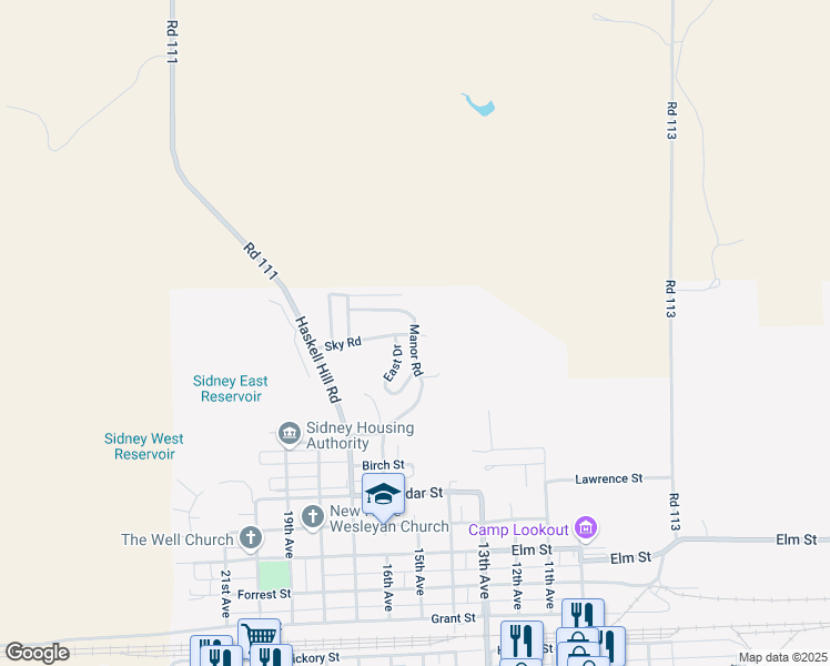 map of restaurants, bars, coffee shops, grocery stores, and more near 1501 Manor Road in Sidney