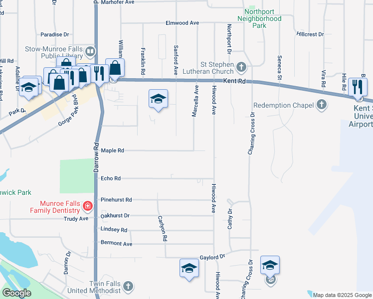 map of restaurants, bars, coffee shops, grocery stores, and more near 2101 Maple Road in Stow