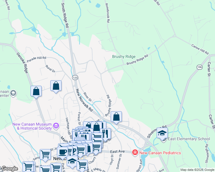 map of restaurants, bars, coffee shops, grocery stores, and more near 185 Brushy Ridge Road in New Canaan
