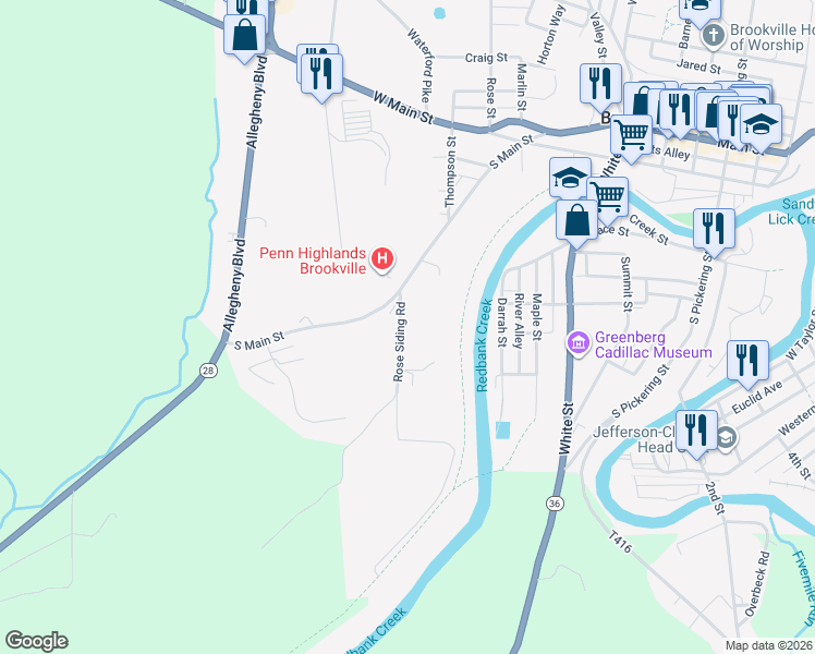 map of restaurants, bars, coffee shops, grocery stores, and more near 1 Rose Siding Road in Brookville