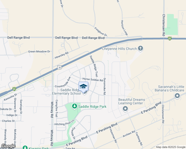 map of restaurants, bars, coffee shops, grocery stores, and more near 3921 Raindancer Trail in Cheyenne