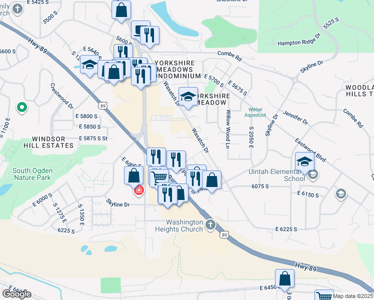 map of restaurants, bars, coffee shops, grocery stores, and more near 6019 Wasatch Drive in South Ogden
