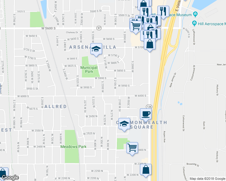 map of restaurants, bars, coffee shops, grocery stores, and more near 2085 West 5950 South in Roy