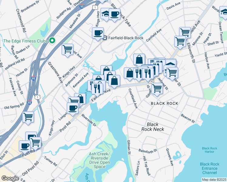 map of restaurants, bars, coffee shops, grocery stores, and more near 3255 Fairfield Avenue in Bridgeport