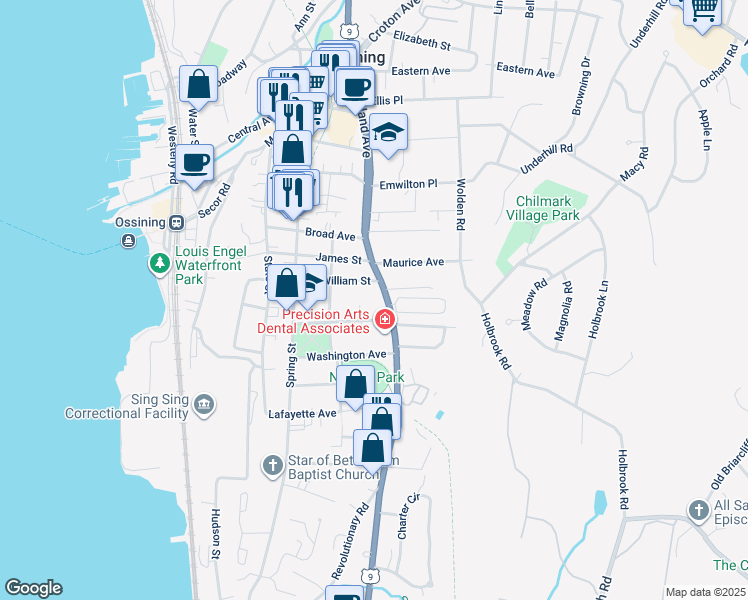 map of restaurants, bars, coffee shops, grocery stores, and more near 1 Gilbert Park in Ossining