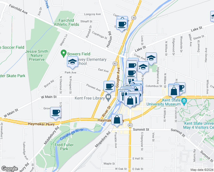 map of restaurants, bars, coffee shops, grocery stores, and more near 211 North Mantua Street in Kent
