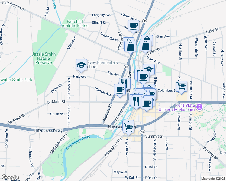 map of restaurants, bars, coffee shops, grocery stores, and more near 428 Park Avenue in Kent