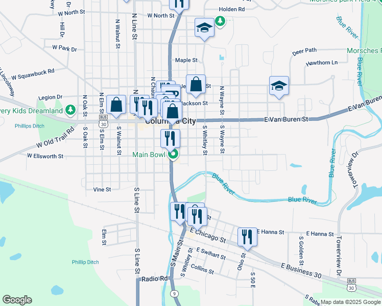 map of restaurants, bars, coffee shops, grocery stores, and more near 207 South Washington Street in Columbia City