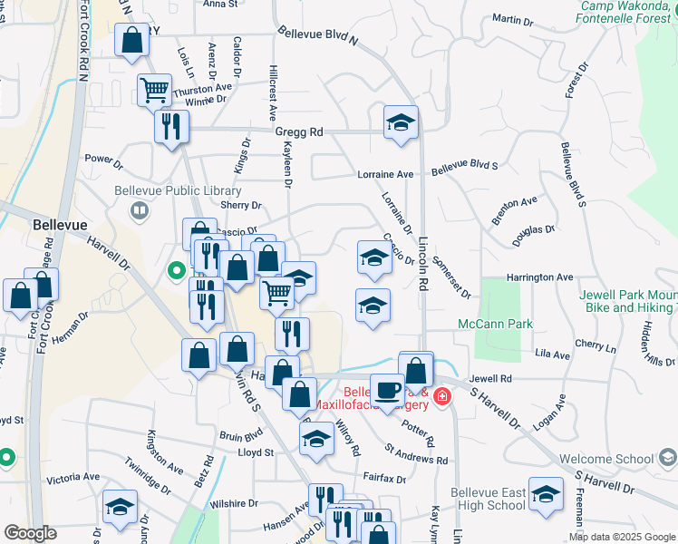map of restaurants, bars, coffee shops, grocery stores, and more near 701 Kayleen Drive in Bellevue