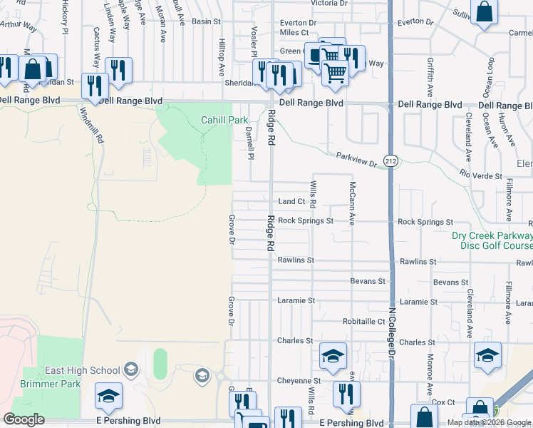 map of restaurants, bars, coffee shops, grocery stores, and more near 3315-3319 Land Court in Cheyenne