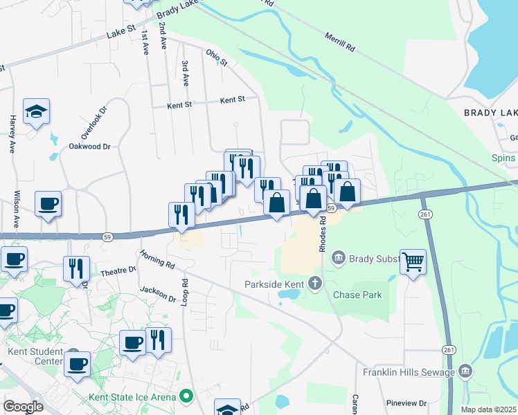 map of restaurants, bars, coffee shops, grocery stores, and more near 1729 Ohio 59 in Kent