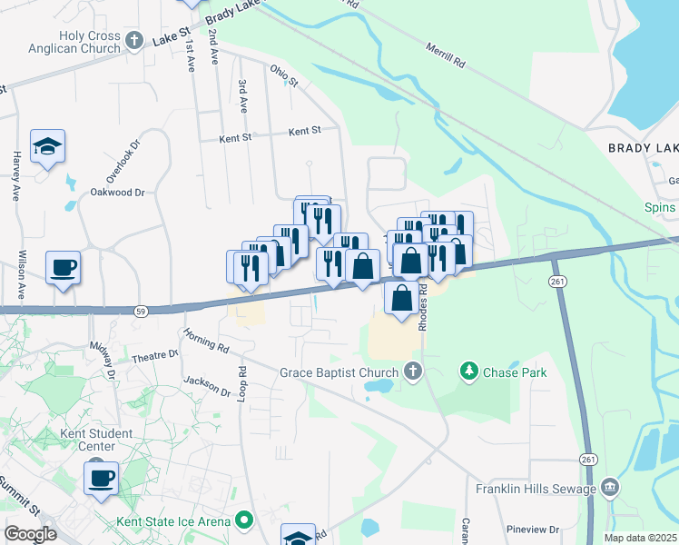 map of restaurants, bars, coffee shops, grocery stores, and more near 1729 Ohio 59 in Kent