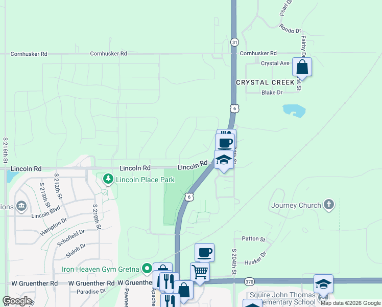 map of restaurants, bars, coffee shops, grocery stores, and more near 20511 Murifield Circle in Gretna