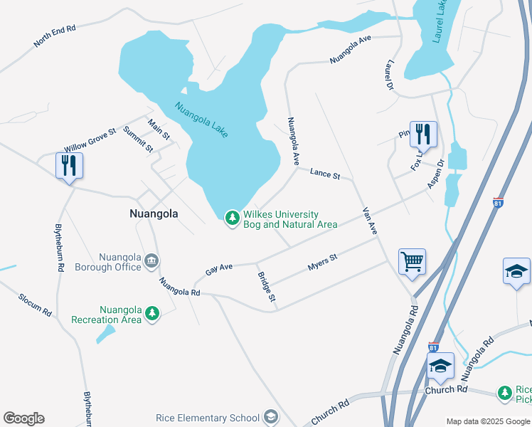 map of restaurants, bars, coffee shops, grocery stores, and more near 11 Nuangola Avenue in Mountain Top