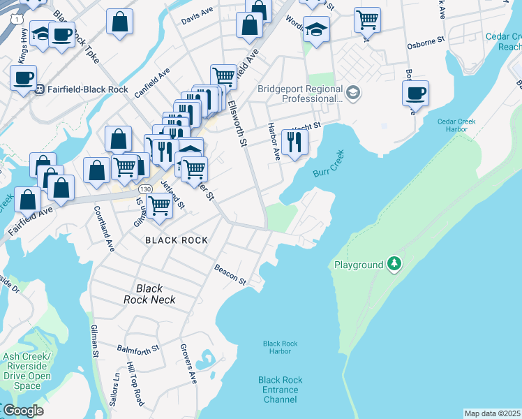 map of restaurants, bars, coffee shops, grocery stores, and more near 100 Ellsworth Street in Bridgeport