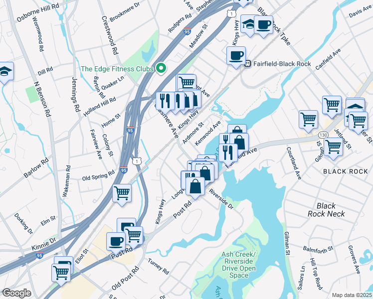 map of restaurants, bars, coffee shops, grocery stores, and more near 25 Ardmore Street in Fairfield