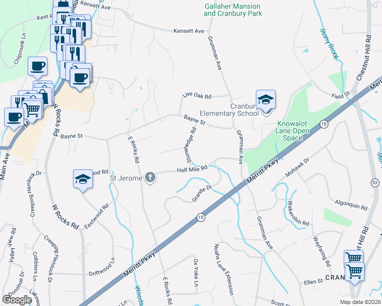 map of restaurants, bars, coffee shops, grocery stores, and more near 10 Stonehedge Road in Norwalk