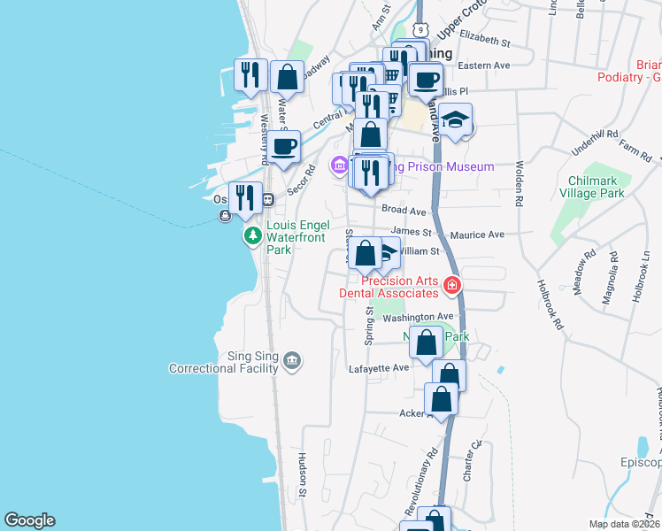 map of restaurants, bars, coffee shops, grocery stores, and more near 2 William Street in Ossining