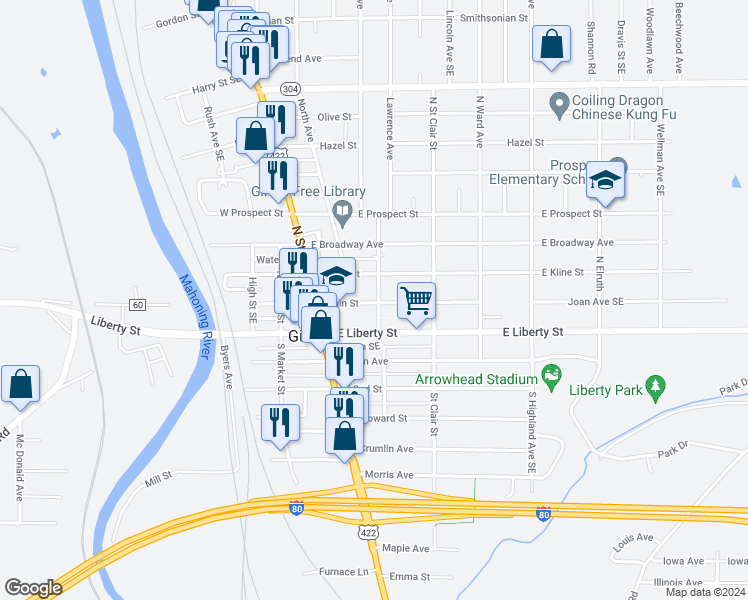 map of restaurants, bars, coffee shops, grocery stores, and more near 201 East Kline Street in Girard
