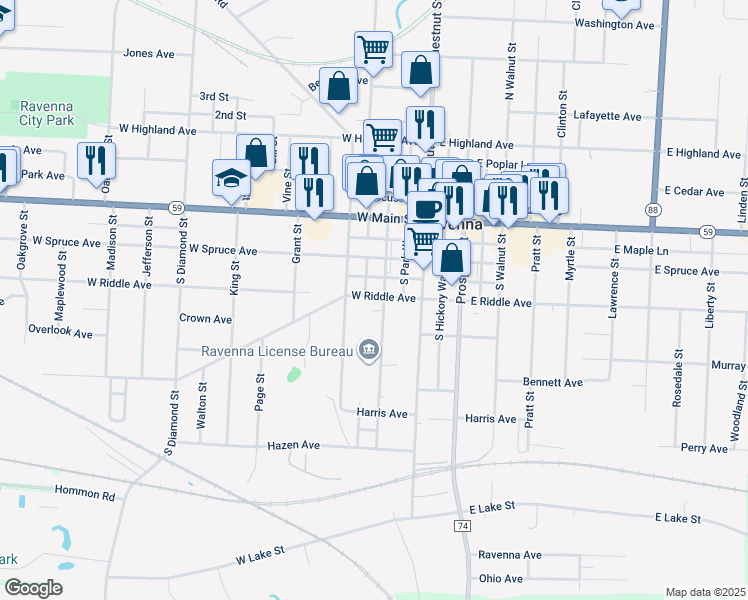 map of restaurants, bars, coffee shops, grocery stores, and more near 262 West Riddle Avenue in Ravenna