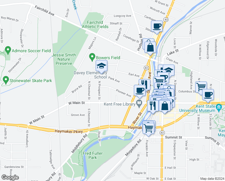 map of restaurants, bars, coffee shops, grocery stores, and more near 610 Pioneer Avenue in Kent