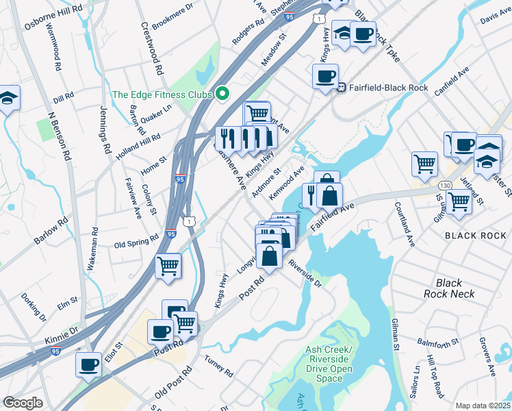 map of restaurants, bars, coffee shops, grocery stores, and more near 186 Grasmere Avenue in Fairfield