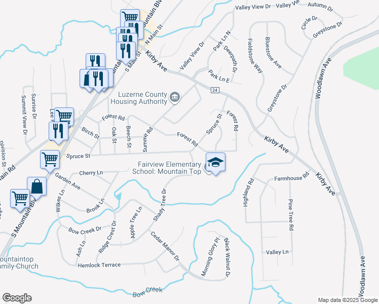 map of restaurants, bars, coffee shops, grocery stores, and more near 117 Spruce Street in Mountain Top
