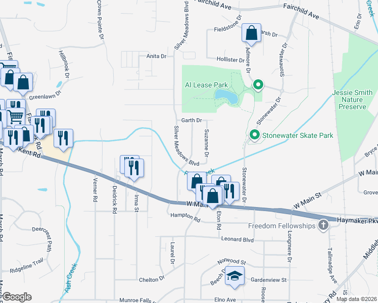 map of restaurants, bars, coffee shops, grocery stores, and more near 423 Spaulding Drive in Kent