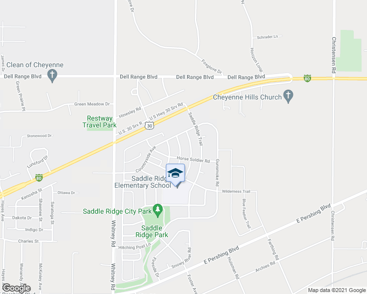 map of restaurants, bars, coffee shops, grocery stores, and more near 4001 Saddle Ridge Trail in Cheyenne