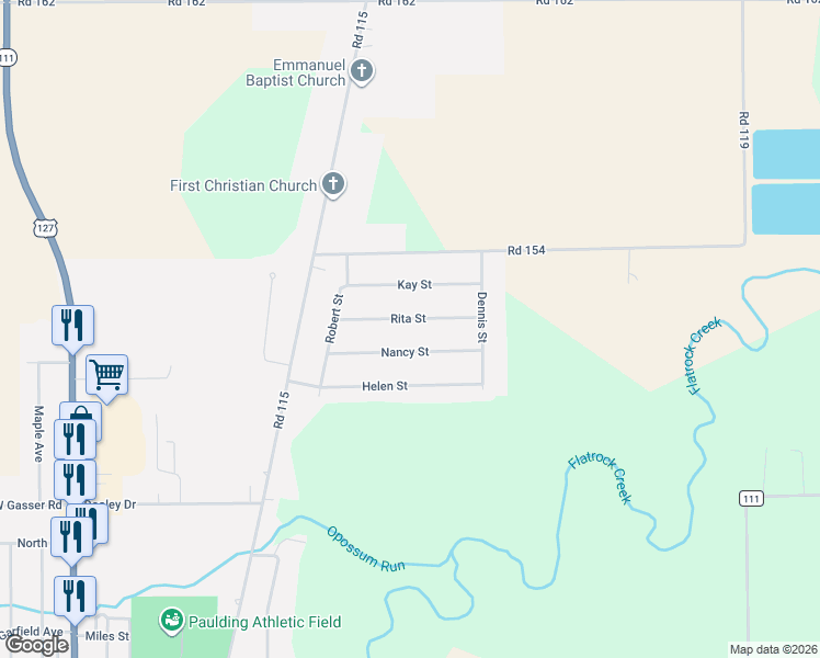 map of restaurants, bars, coffee shops, grocery stores, and more near 13570 Rita Street in Paulding