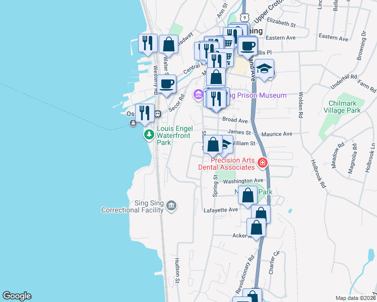 map of restaurants, bars, coffee shops, grocery stores, and more near 24 Hamilton Avenue in Ossining