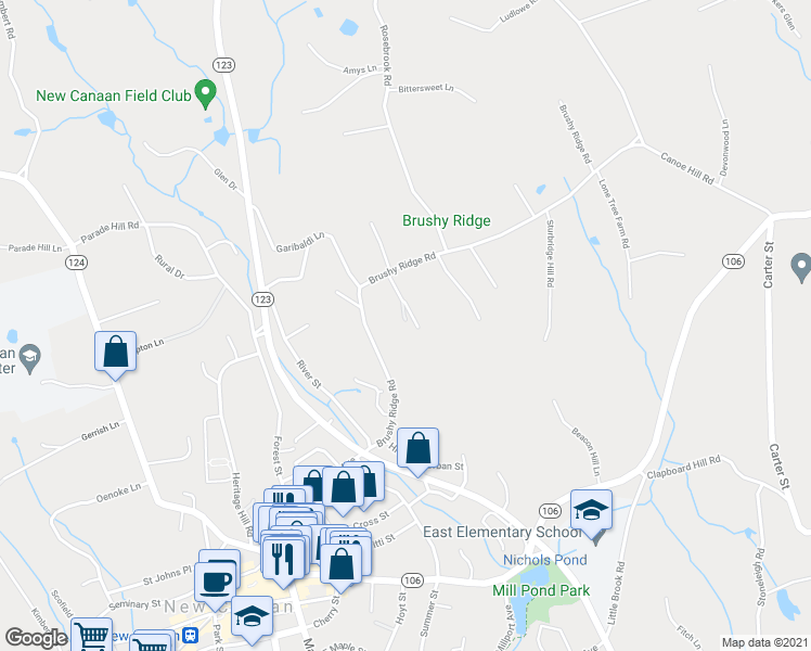 map of restaurants, bars, coffee shops, grocery stores, and more near 185 Brushy Ridge Road in New Canaan