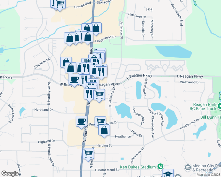 map of restaurants, bars, coffee shops, grocery stores, and more near 1073 North Jefferson Street in Medina