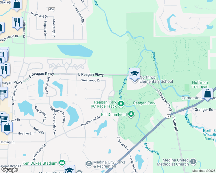 map of restaurants, bars, coffee shops, grocery stores, and more near 1022 Beechwood Drive in Medina