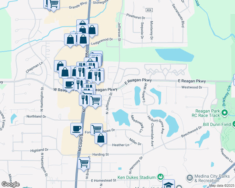 map of restaurants, bars, coffee shops, grocery stores, and more near 2 Leisure Lane in Medina