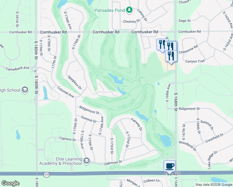 map of restaurants, bars, coffee shops, grocery stores, and more near 17476 Riviera Drive in Omaha