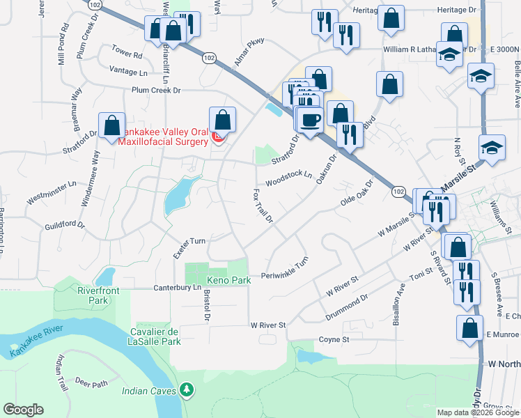 map of restaurants, bars, coffee shops, grocery stores, and more near 295 Fox Trail Drive in Bourbonnais