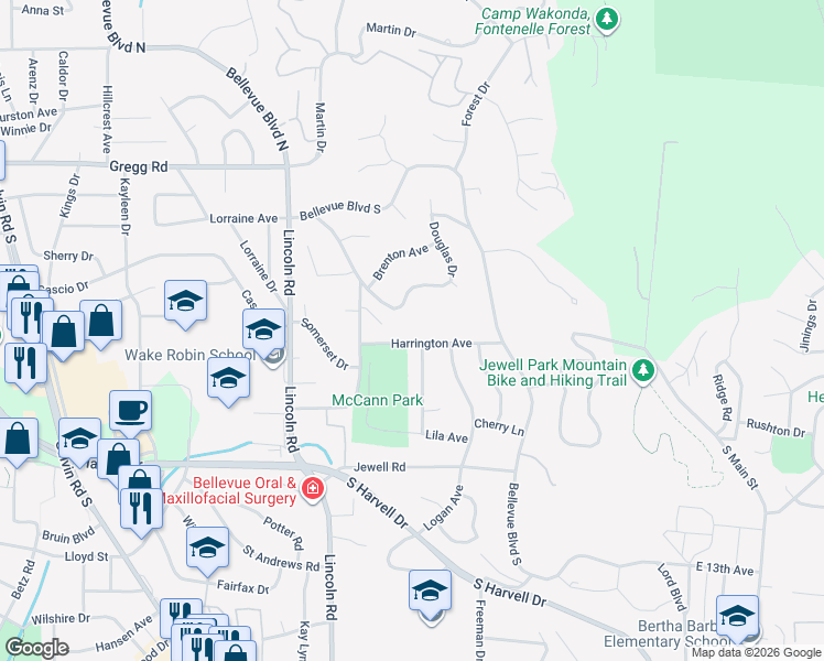 map of restaurants, bars, coffee shops, grocery stores, and more near 902 Harrington Avenue in Bellevue