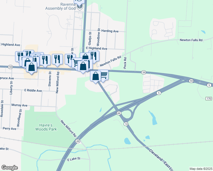 map of restaurants, bars, coffee shops, grocery stores, and more near 6048 Ohio 14 in Ravenna