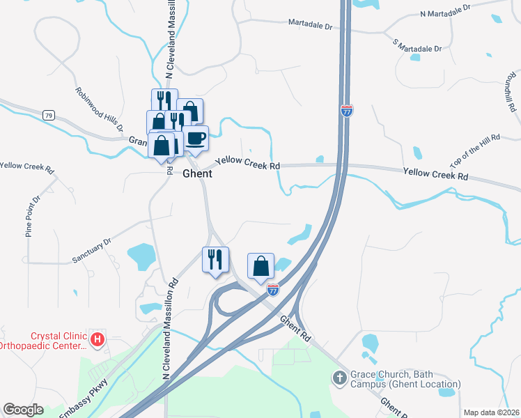map of restaurants, bars, coffee shops, grocery stores, and more near 3350 Yellow Creek Road in Akron