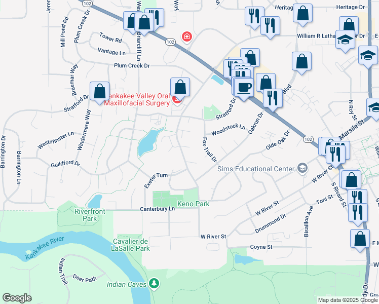 map of restaurants, bars, coffee shops, grocery stores, and more near 290 William R Latham Senior Drive in Bourbonnais