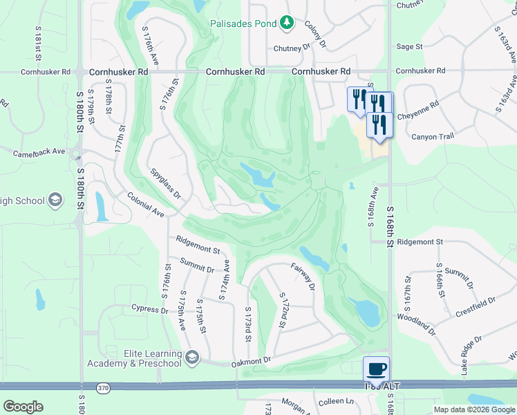 map of restaurants, bars, coffee shops, grocery stores, and more near 17476 Riviera Drive in Omaha